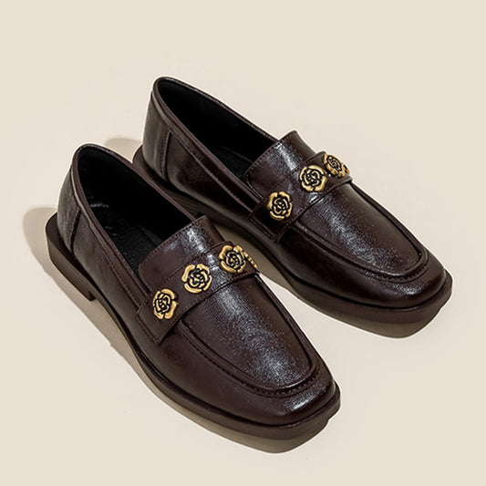 Women's Loafers with Floral-Embellished Comfortable Square Toe
