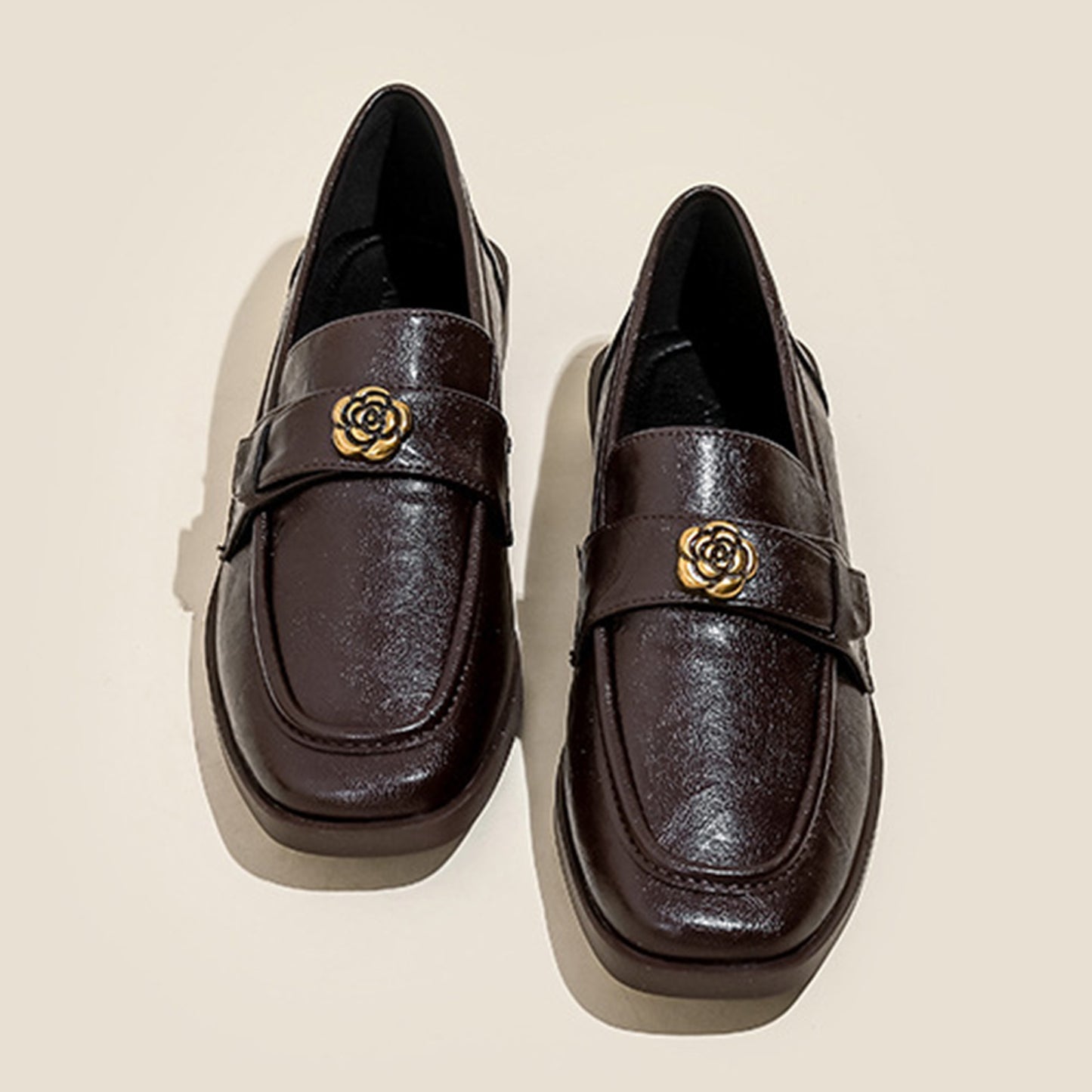 Women's Loafers: Elegant Square-Toe Leather Shoes with Delicate Floral Accent