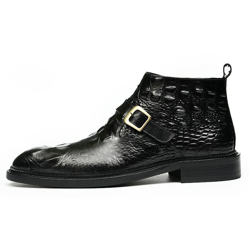 Men's Leather Chelsea Boots with Adjustable Buckle & Elastic Sides