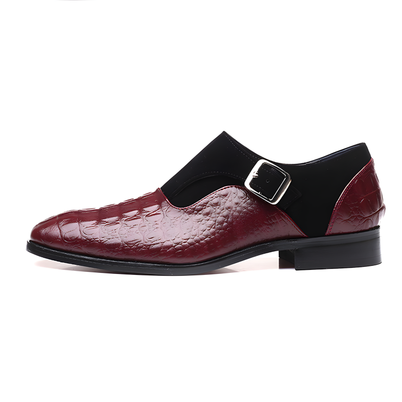 Men’s Crocodile-Embossed Leather & Suede Monk Strap Loafers with Metallic Buckle