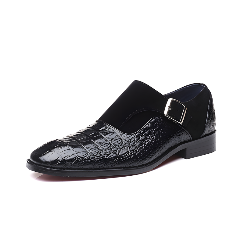 Men’s Crocodile-Embossed Leather & Suede Monk Strap Loafers with Metallic Buckle