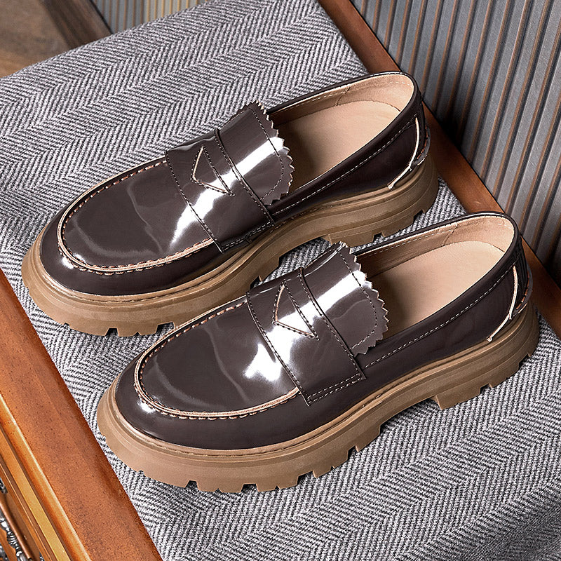 Calf Leather Loafers Shoes for Men Wide Toe Shiny Leather