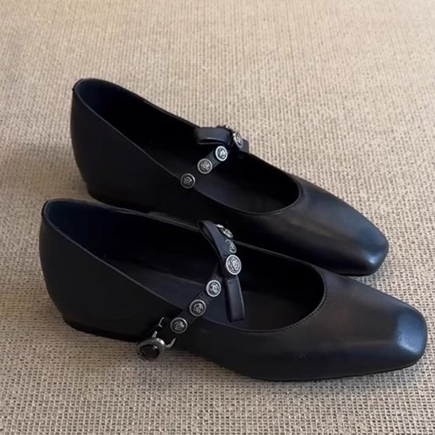 Classic Women's Mary Jane Flats with Metal-Studded Strap & Bow Detail