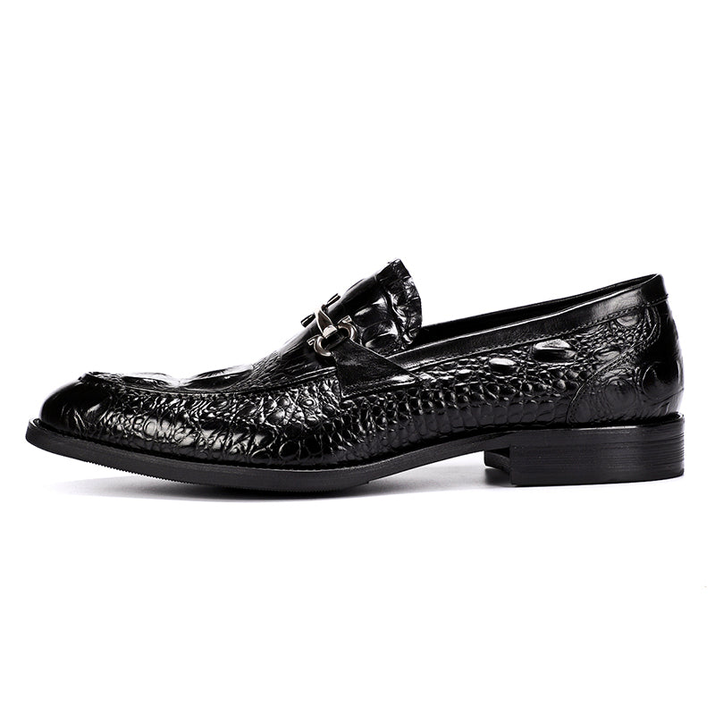 Men's Loafers Crocodile-Textured Leather Shoes with Metal Buckle