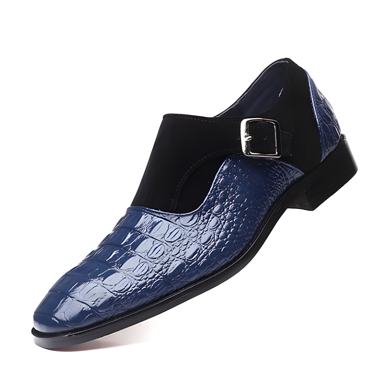 Men’s Crocodile-Embossed Leather & Suede Monk Strap Loafers with Metallic Buckle