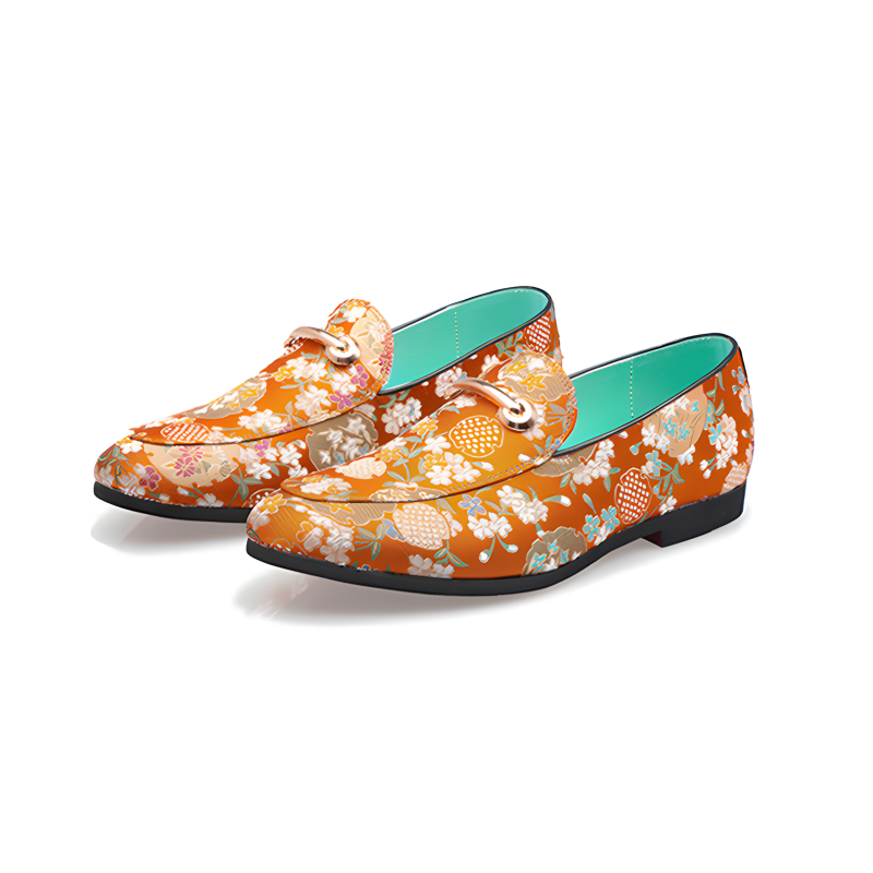 Men's Floral Pattern Loafers Orange & Green Slip-On Dress Shoes