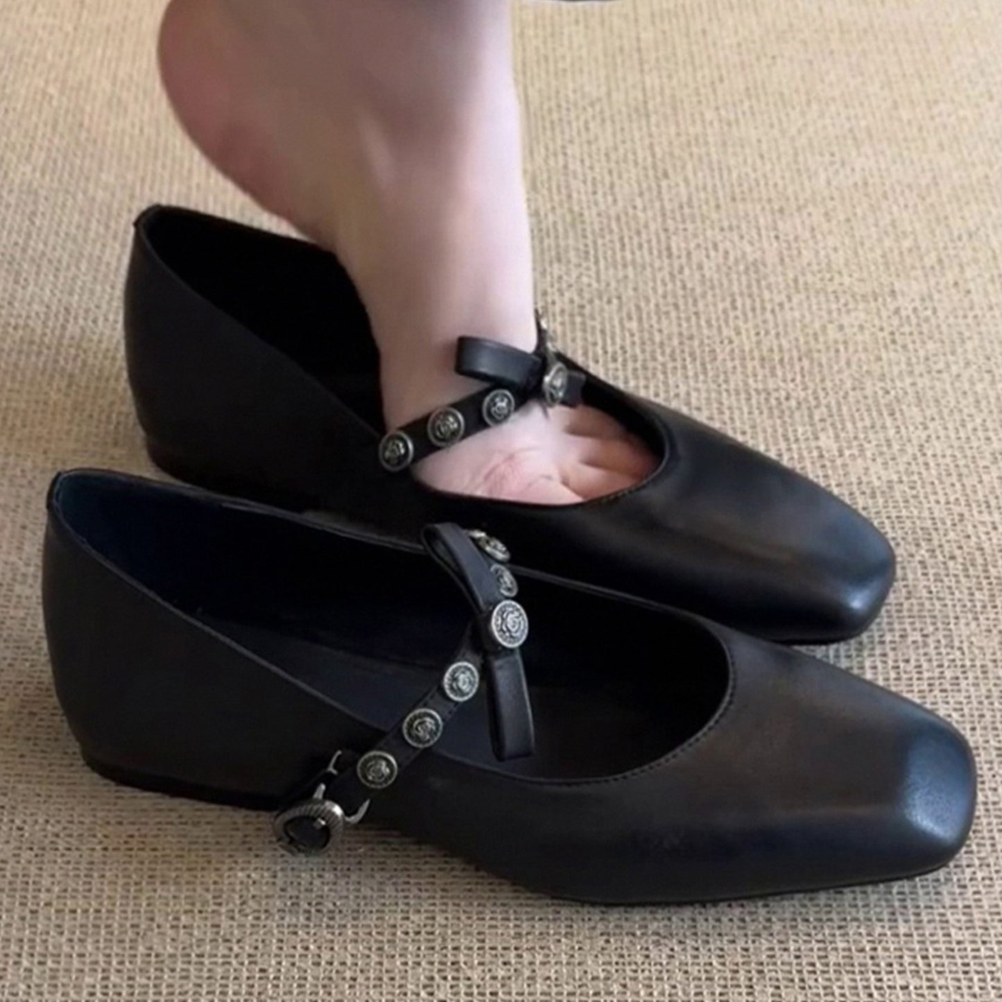 Classic Women's Mary Jane Flats with Metal-Studded Strap & Bow Detail