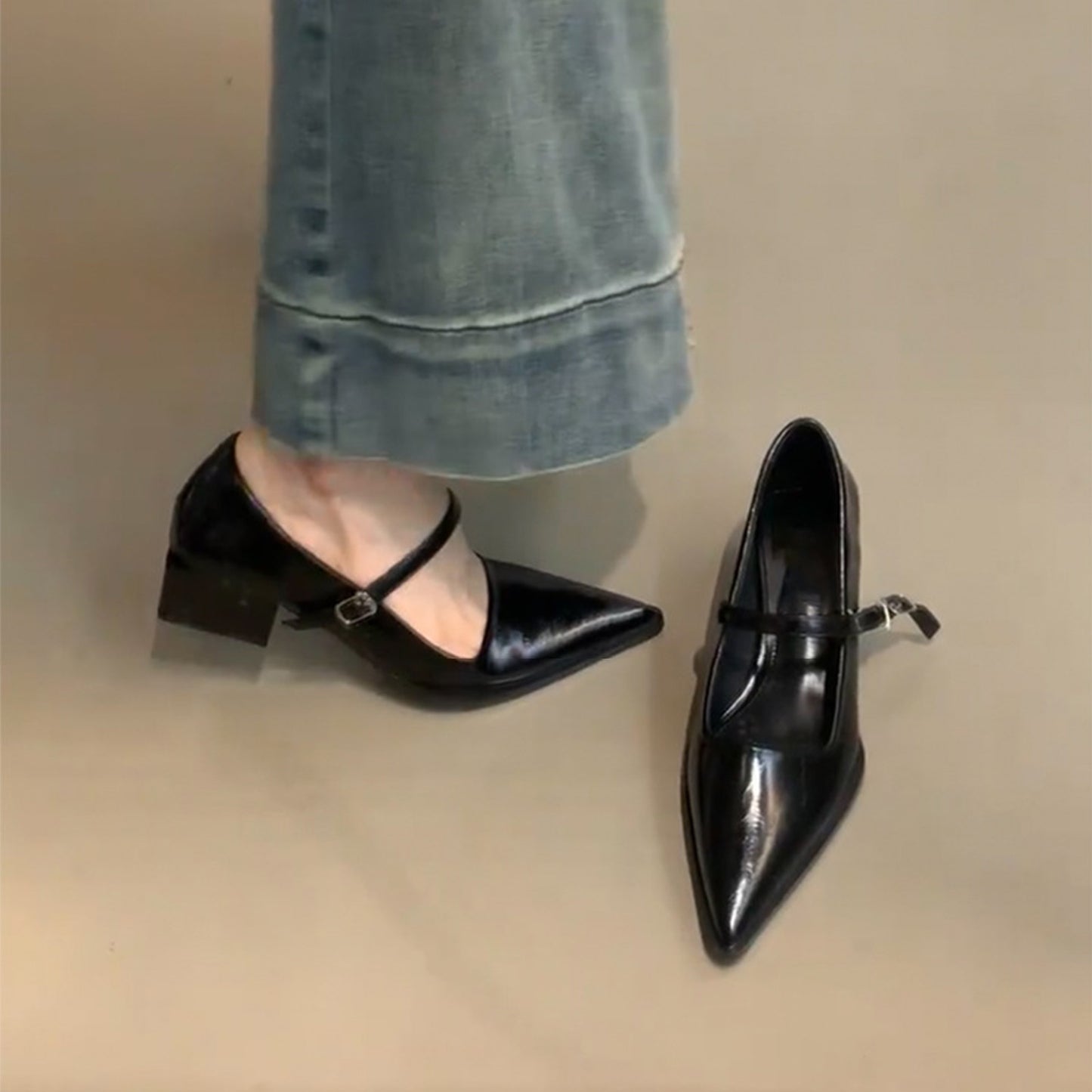 Women's Pointed-Toe Mary Jane Pumps with Ankle Strap Detail