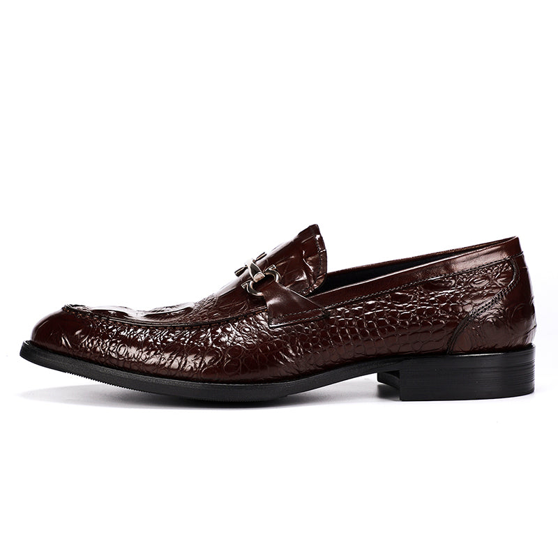 Men's Loafers Crocodile-Textured Leather Shoes with Metal Buckle