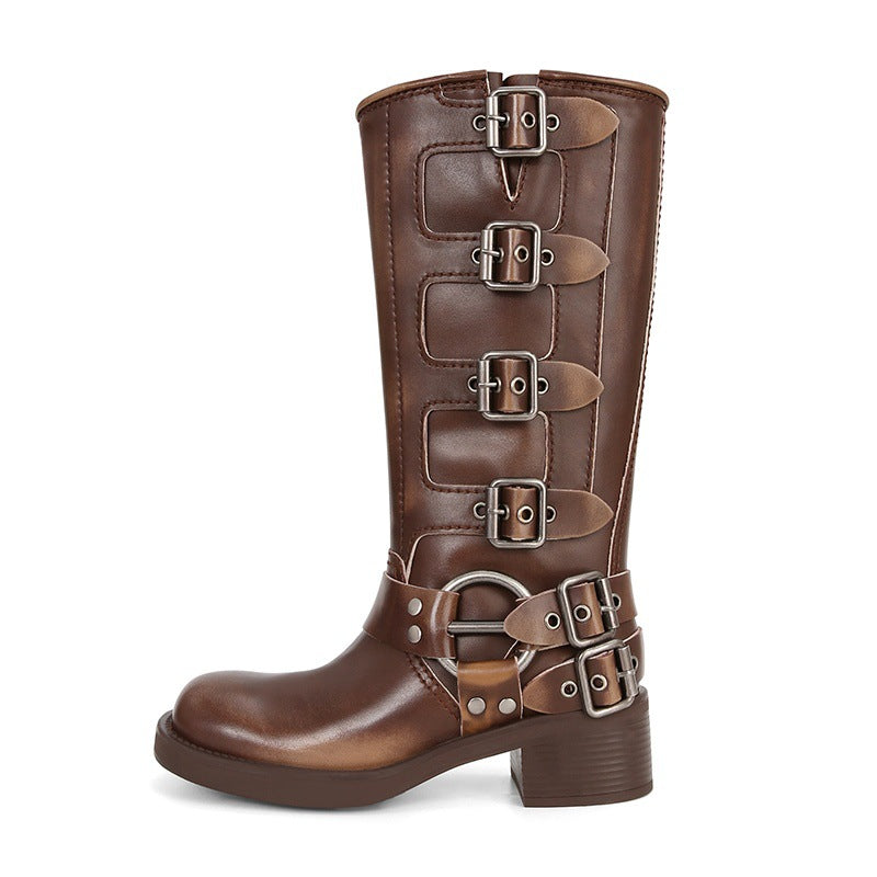 Women's Knee-High Boots with Edgy Metal Buckle Detail & Chunky Heel