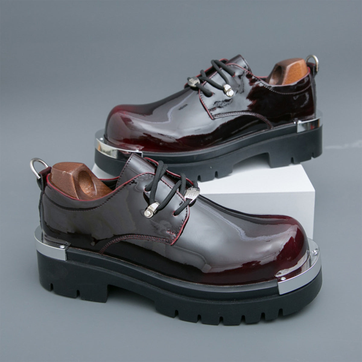Men's  Glossy Derby Shoes | with Metal Toe Cap & Chunky Lug Sole