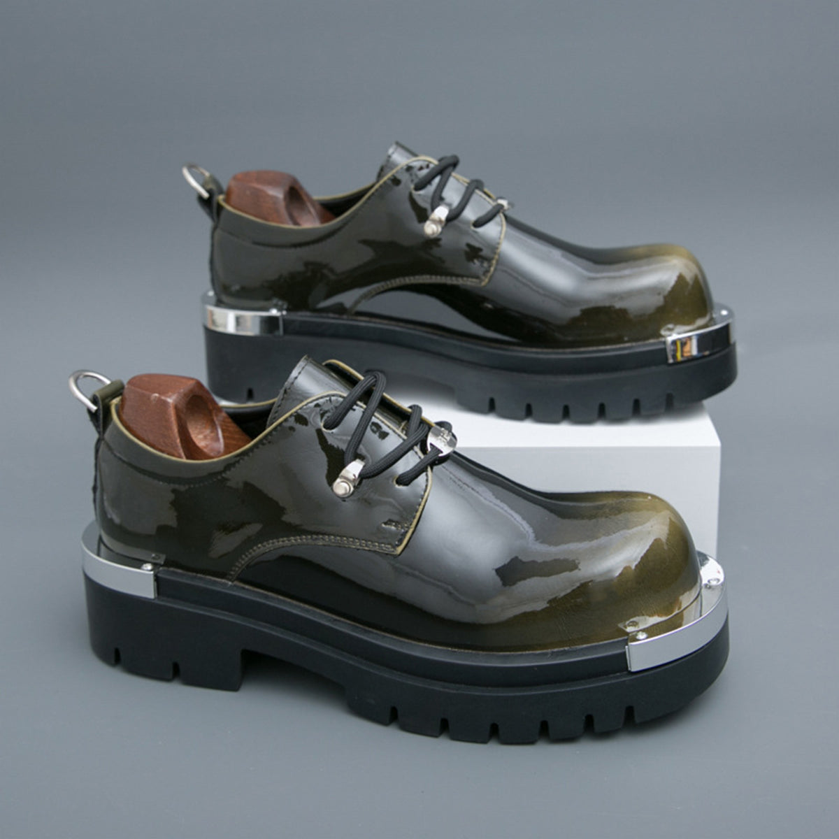 Men's  Glossy Derby Shoes | with Metal Toe Cap & Chunky Lug Sole