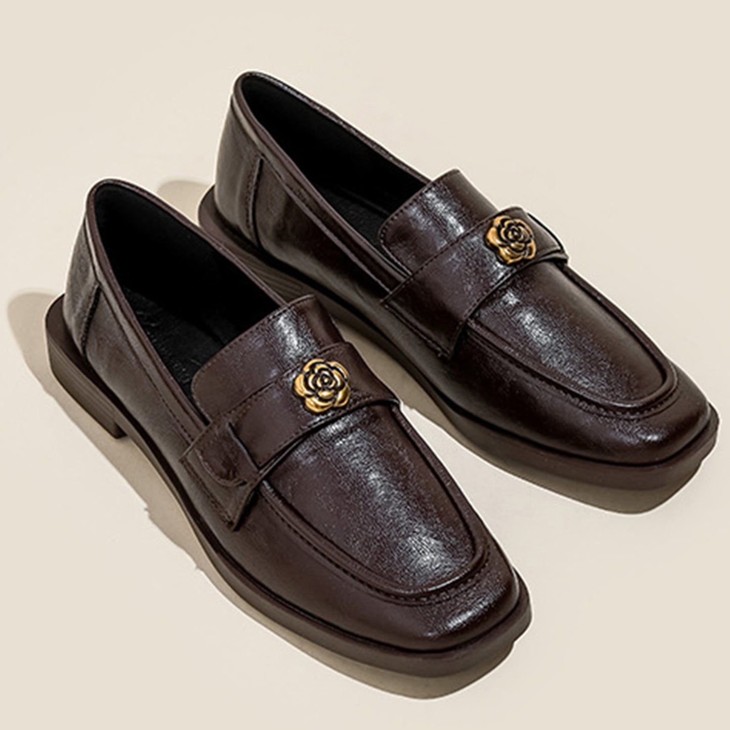 Women's Loafers: Elegant Square-Toe Leather Shoes with Delicate Floral Accent