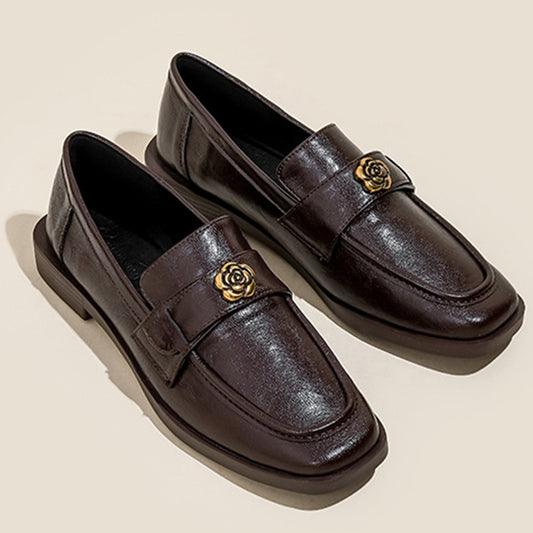 Women's Loafers: Elegant Square-Toe Leather Shoes with Delicate Floral Accent