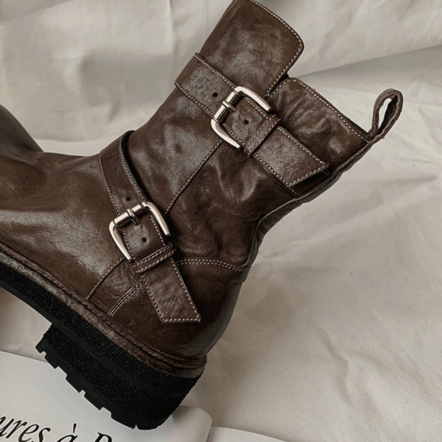 Women's Edgy Buckle Boots: Statement Dual Straps & Sleek Side-Zipper Access