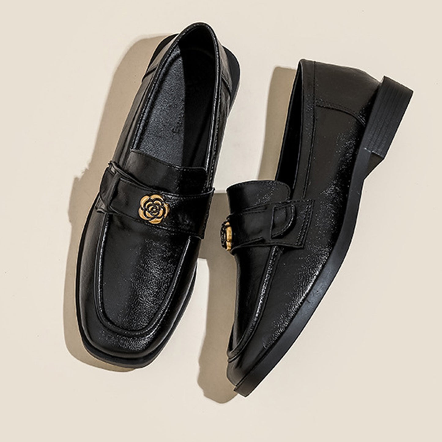Women's Loafers: Elegant Square-Toe Leather Shoes with Delicate Floral Accent