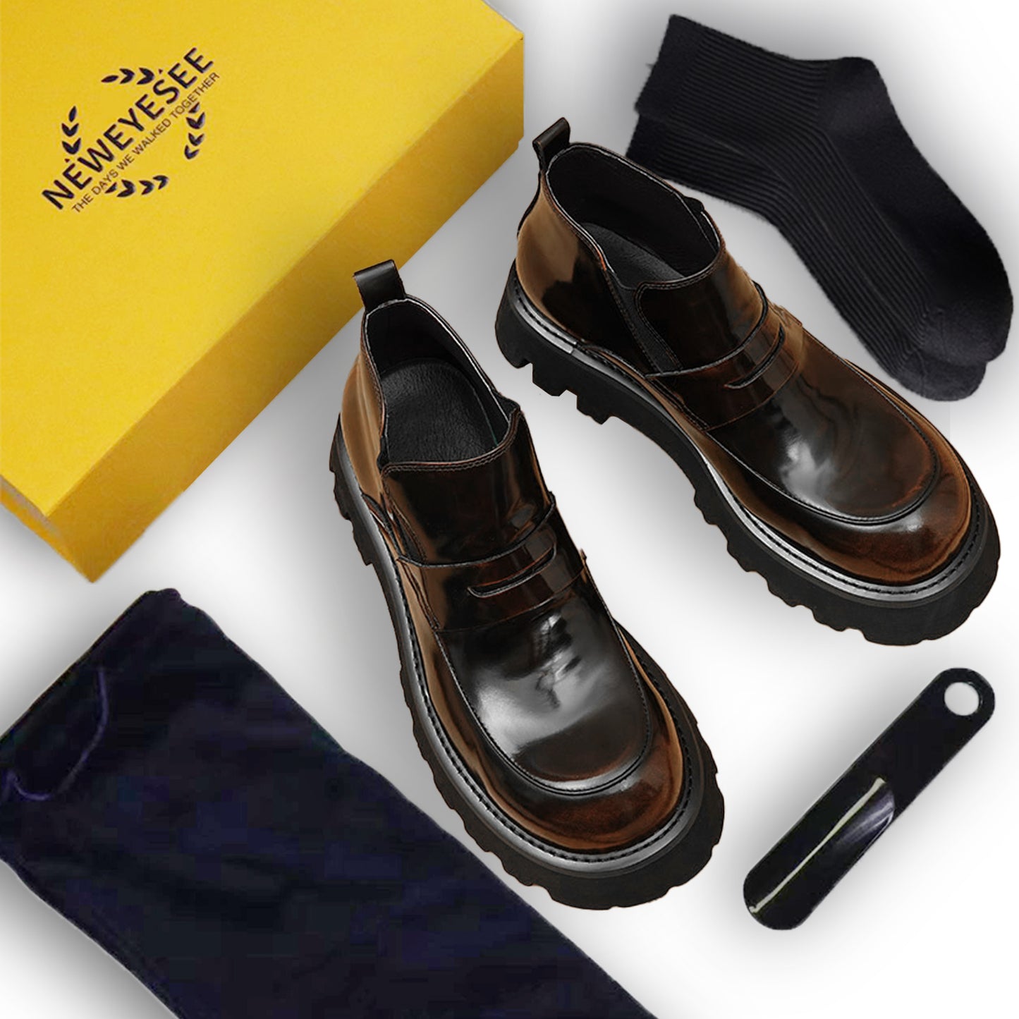 Calfskin Chelsea Boots Men Leather Shoes Glossy Large Toe