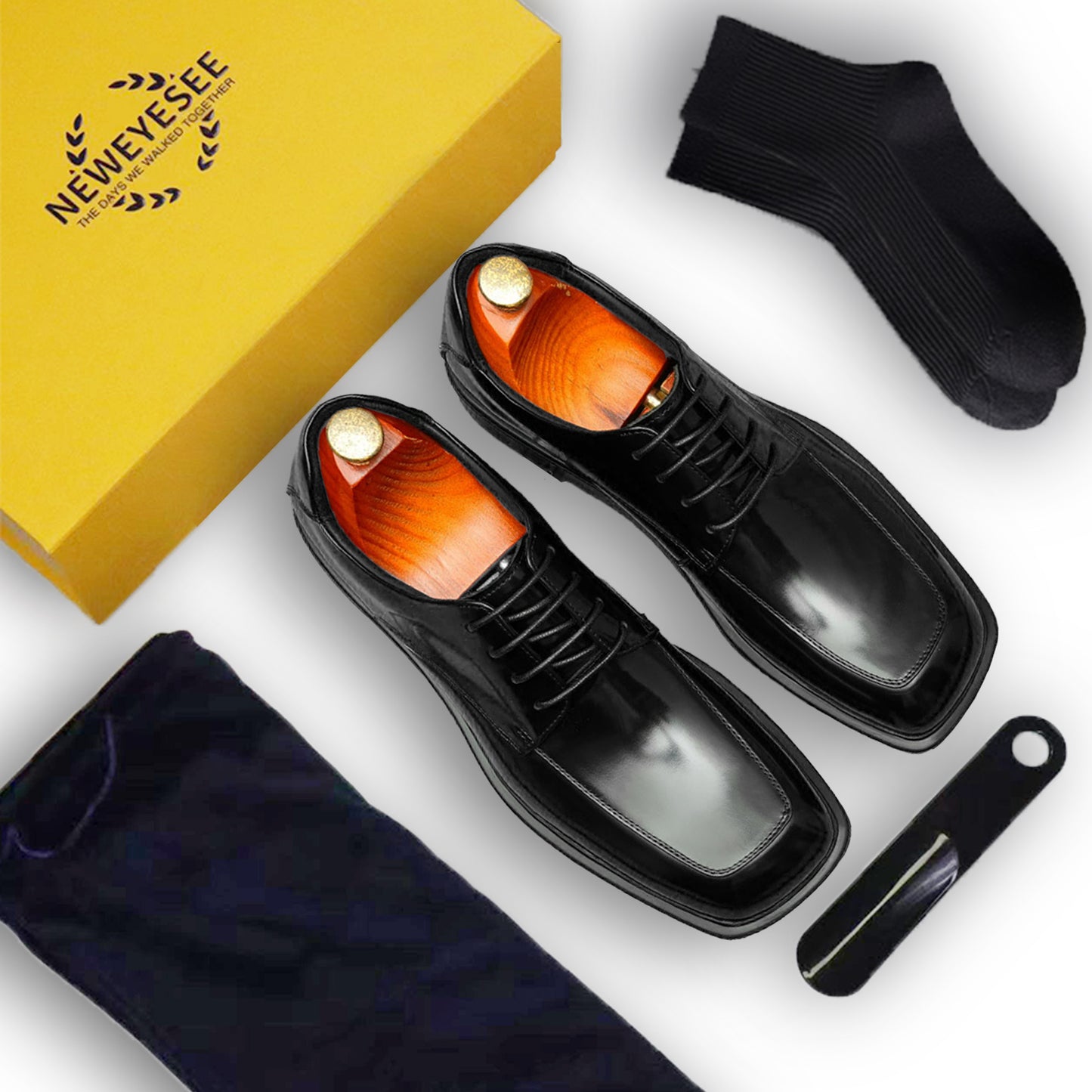 Calfskin Derby Shoes Men Leather Shoes Glossy Square Toe