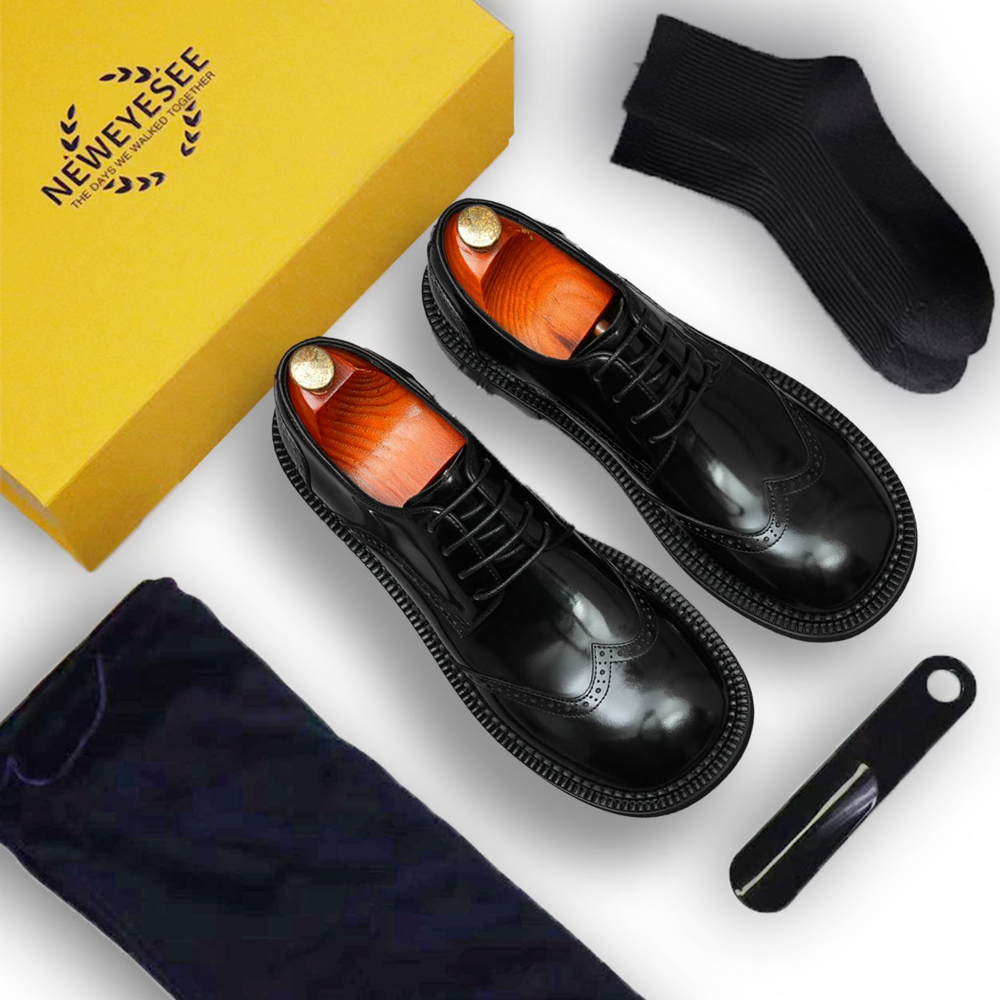 Calfskin Derby Shoes for Men Glossy Brogue Round Toe