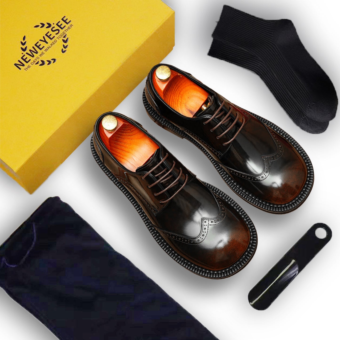 Calfskin Derby Shoes for Men Glossy Brogue Round Toe