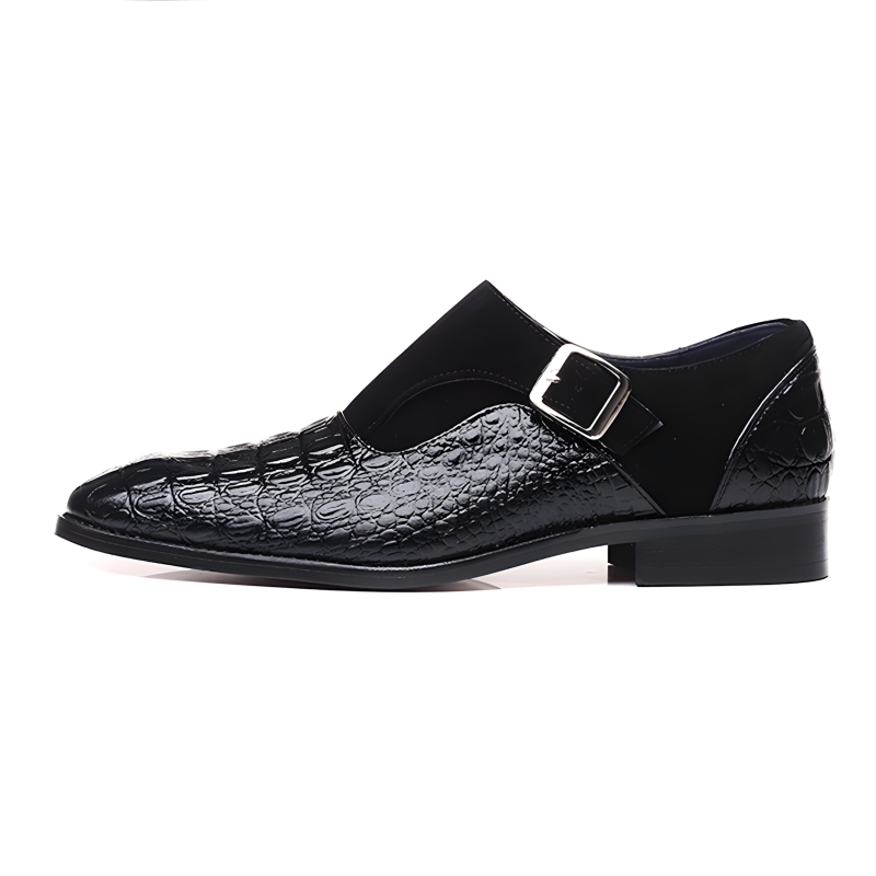 Men’s Crocodile-Embossed Leather & Suede Monk Strap Loafers with Metallic Buckle