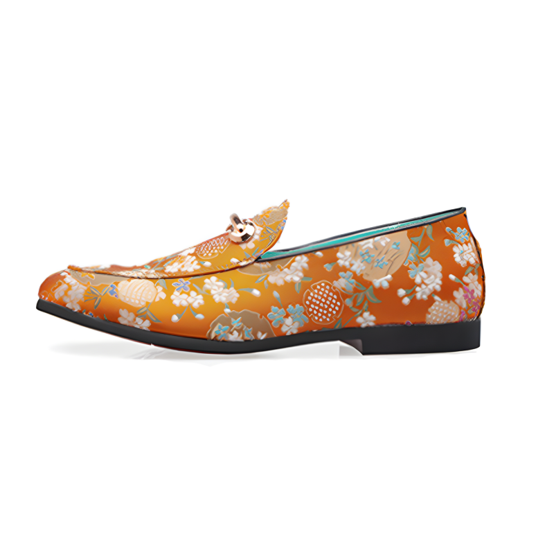 Men's Floral Pattern Loafers Orange & Green Slip-On Dress Shoes