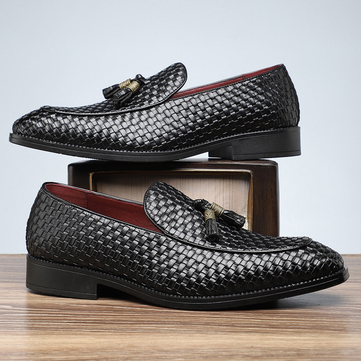 Men's Woven Tassel Loafers | with Square Toe & Low Block Heel
