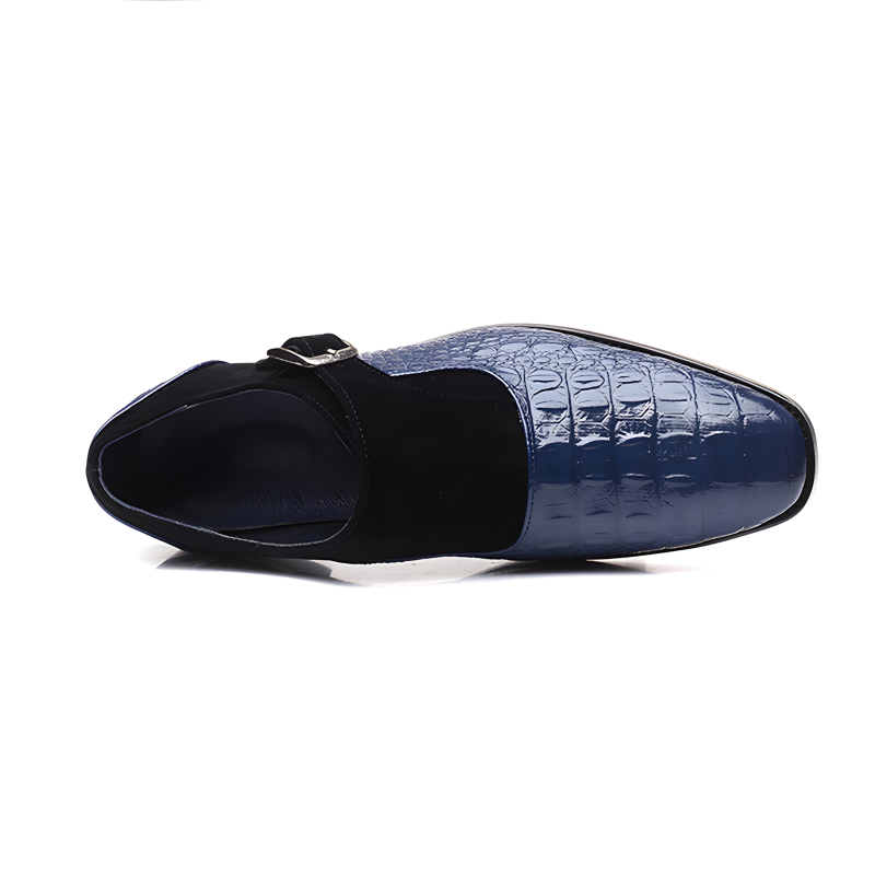 Men’s Crocodile-Embossed Leather & Suede Monk Strap Loafers with Metallic Buckle
