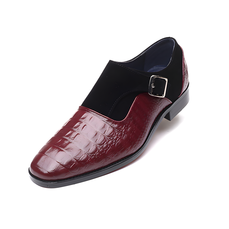 Men’s Crocodile-Embossed Leather & Suede Monk Strap Loafers with Metallic Buckle