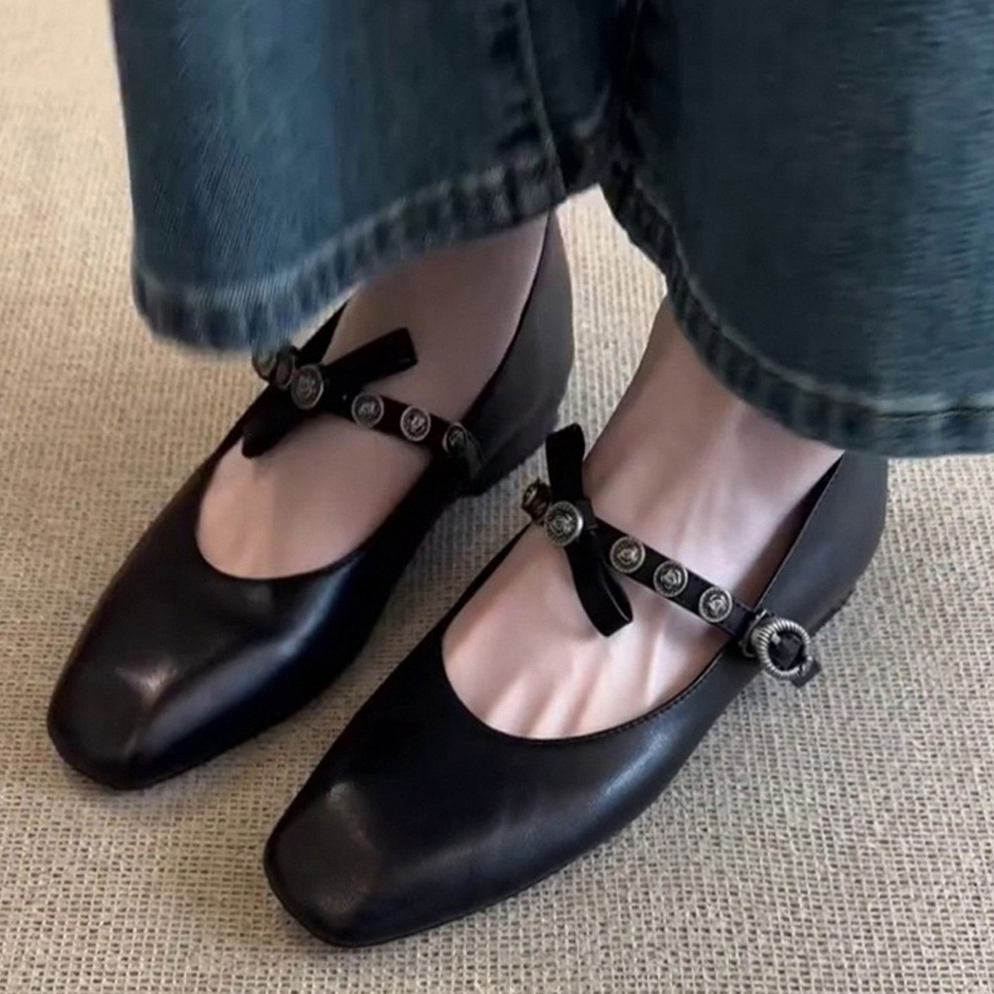 Classic Women's Mary Jane Flats with Metal-Studded Strap & Bow Detail