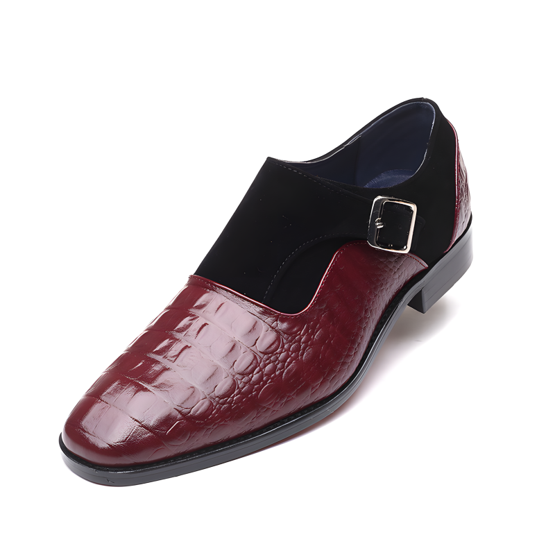 Men’s Crocodile-Embossed Leather & Suede Monk Strap Loafers with Metallic Buckle
