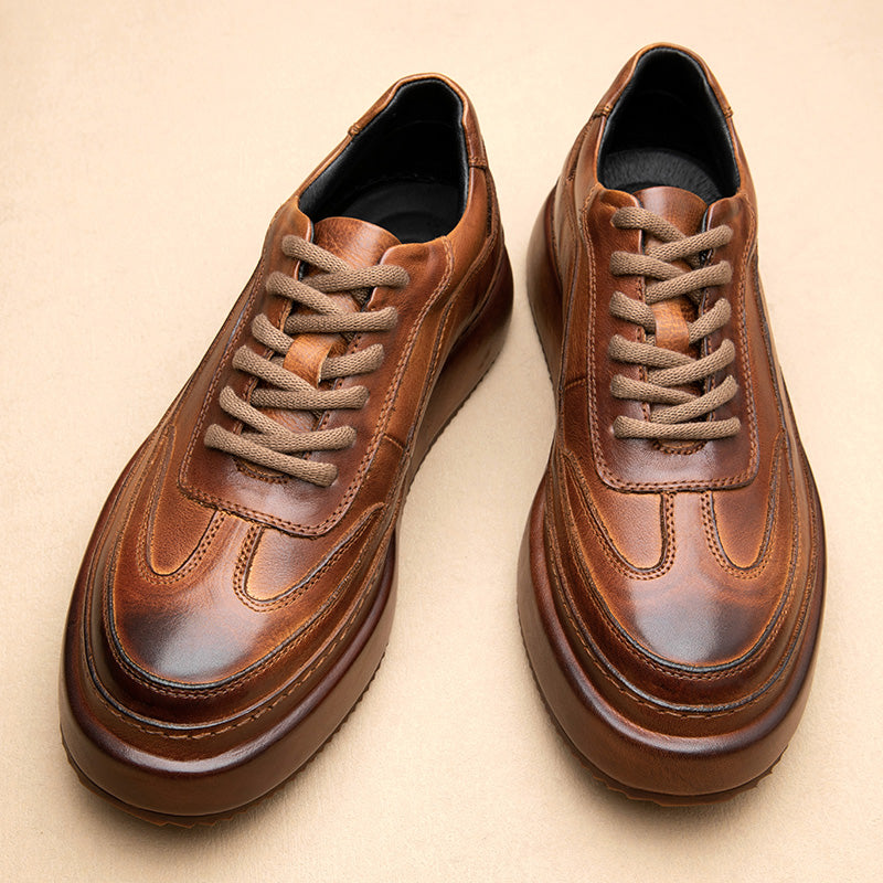 Calf Leather Sneakers – Lace Up Rubber Sole Breathable and Slip-Resistant