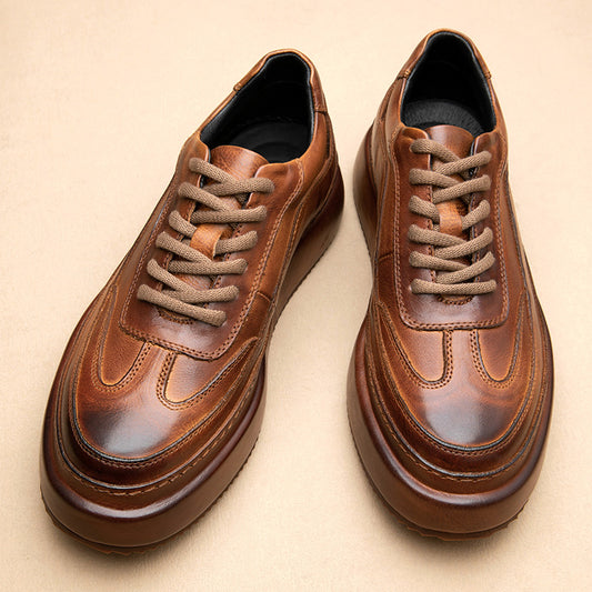 Calf Leather Sneakers – Lace Up Rubber Sole Breathable and Slip-Resistant