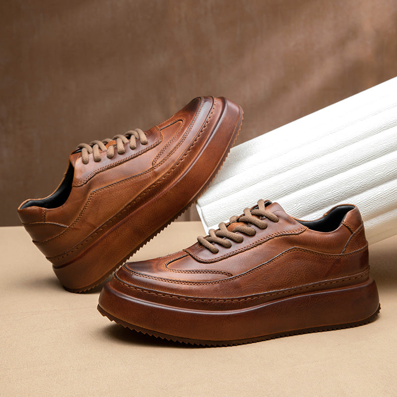 Calf Leather Sneakers – Lace Up Rubber Sole Breathable and Slip-Resistant