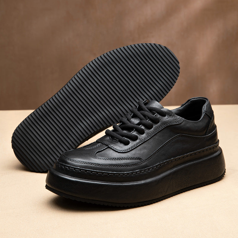 Calf Leather Sneakers – Lace Up Rubber Sole Breathable and Slip-Resistant