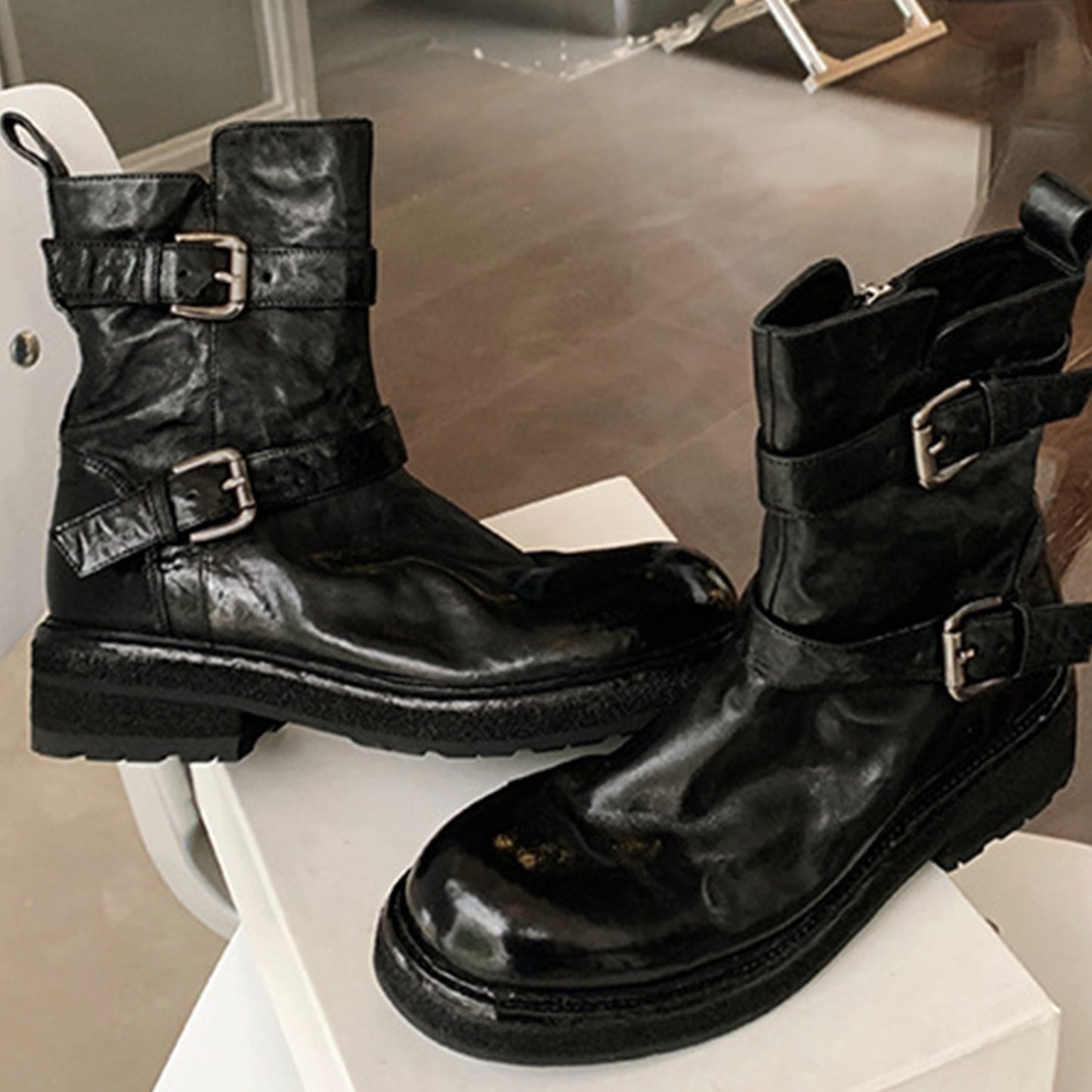 Women's Edgy Buckle Boots: Statement Dual Straps & Sleek Side-Zipper Access