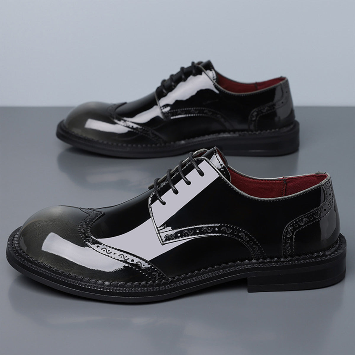 Men's Glossy Brogue Derby Shoes | with Contrast Panels