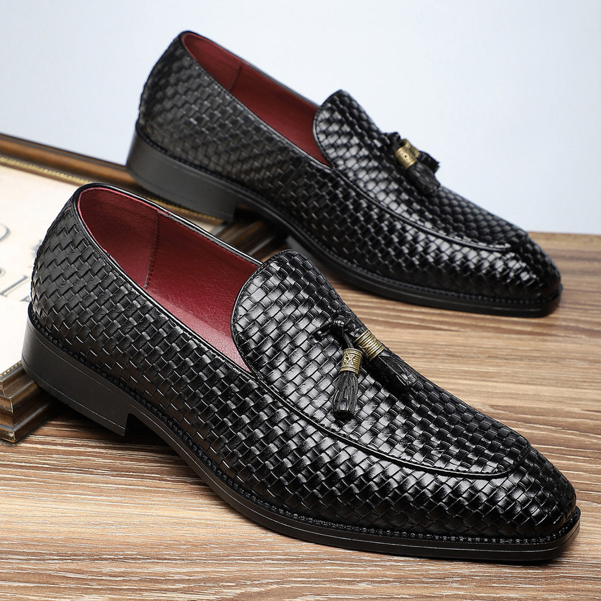 Men's Woven Tassel Loafers | with Square Toe & Low Block Heel