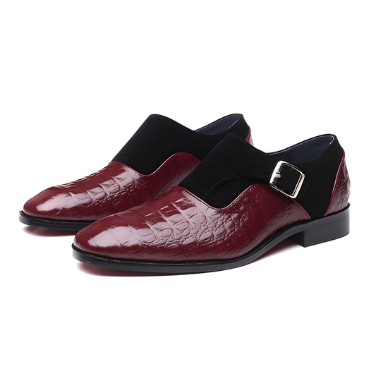 Men’s Crocodile-Embossed Leather & Suede Monk Strap Loafers with Metallic Buckle