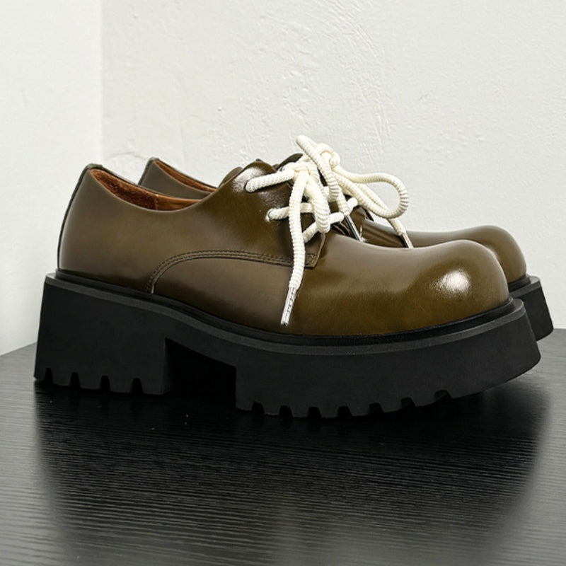 Calf Leather Derby Shoes Round Toe Slip Resistant Heightened Sole Avocado Green