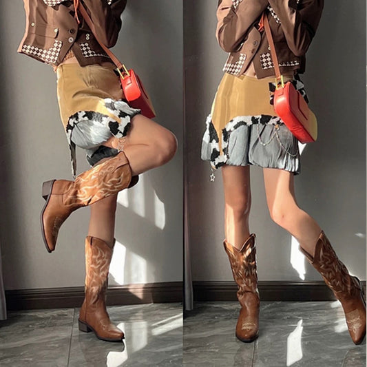 Women's Western Ankle Boots with Intricate Flame Stitch Detailing