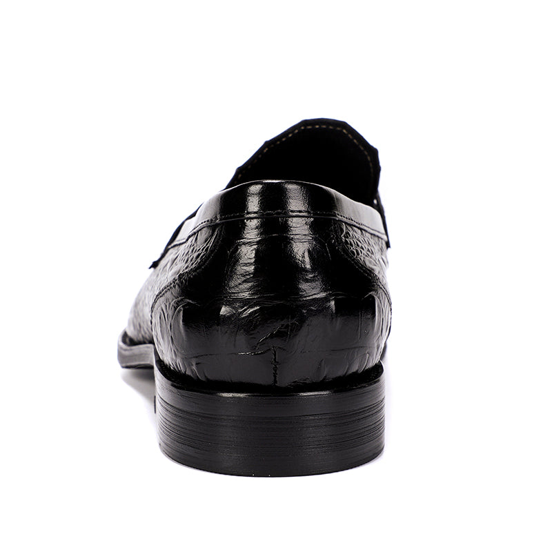Men's Loafers Crocodile-Textured Leather Shoes with Metal Buckle