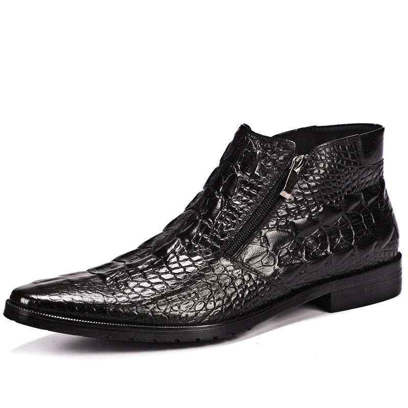Men’s Crocodile-Pattern Leather Ankle Boots