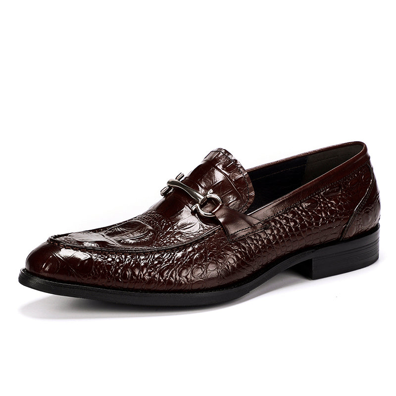 Men's Loafers Crocodile-Textured Leather Shoes with Metal Buckle