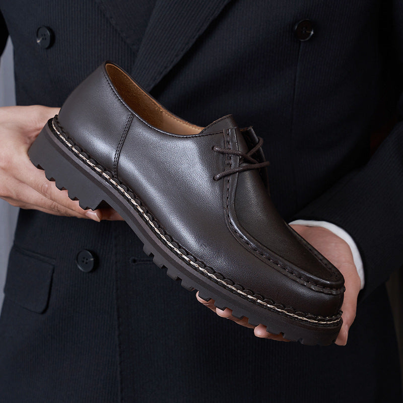 Men's Moccasin Shoes: Rounded Toe with Decorative Stitching and Lacing