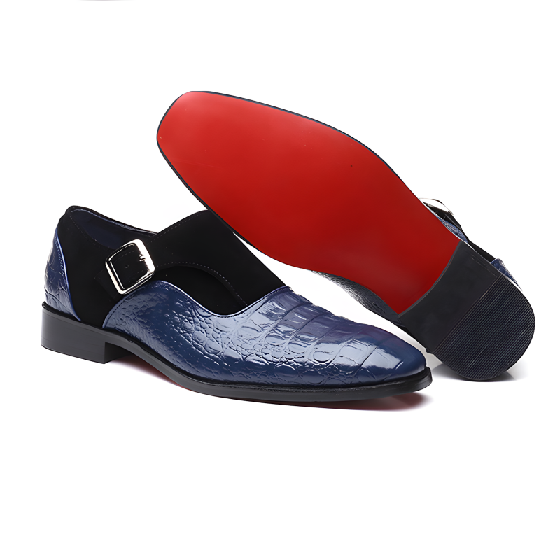 Men’s Crocodile-Embossed Leather & Suede Monk Strap Loafers with Metallic Buckle