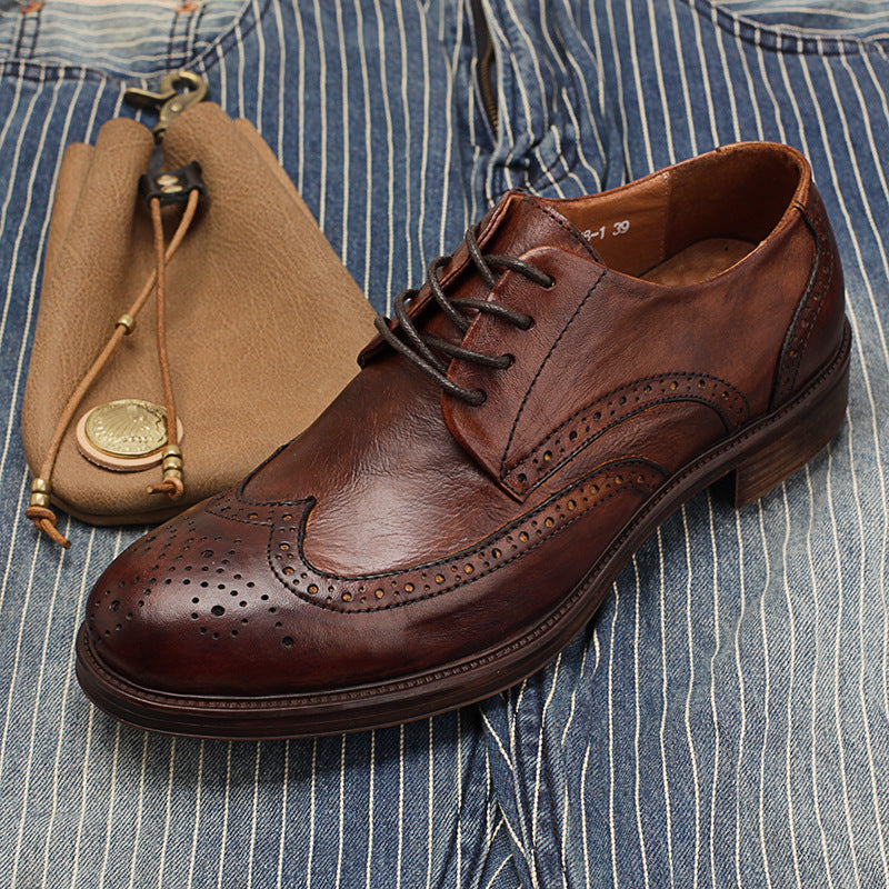 Men's Artistic Brogue Derby Shoes: Elaborate Carvings & Sophisticated Stitching