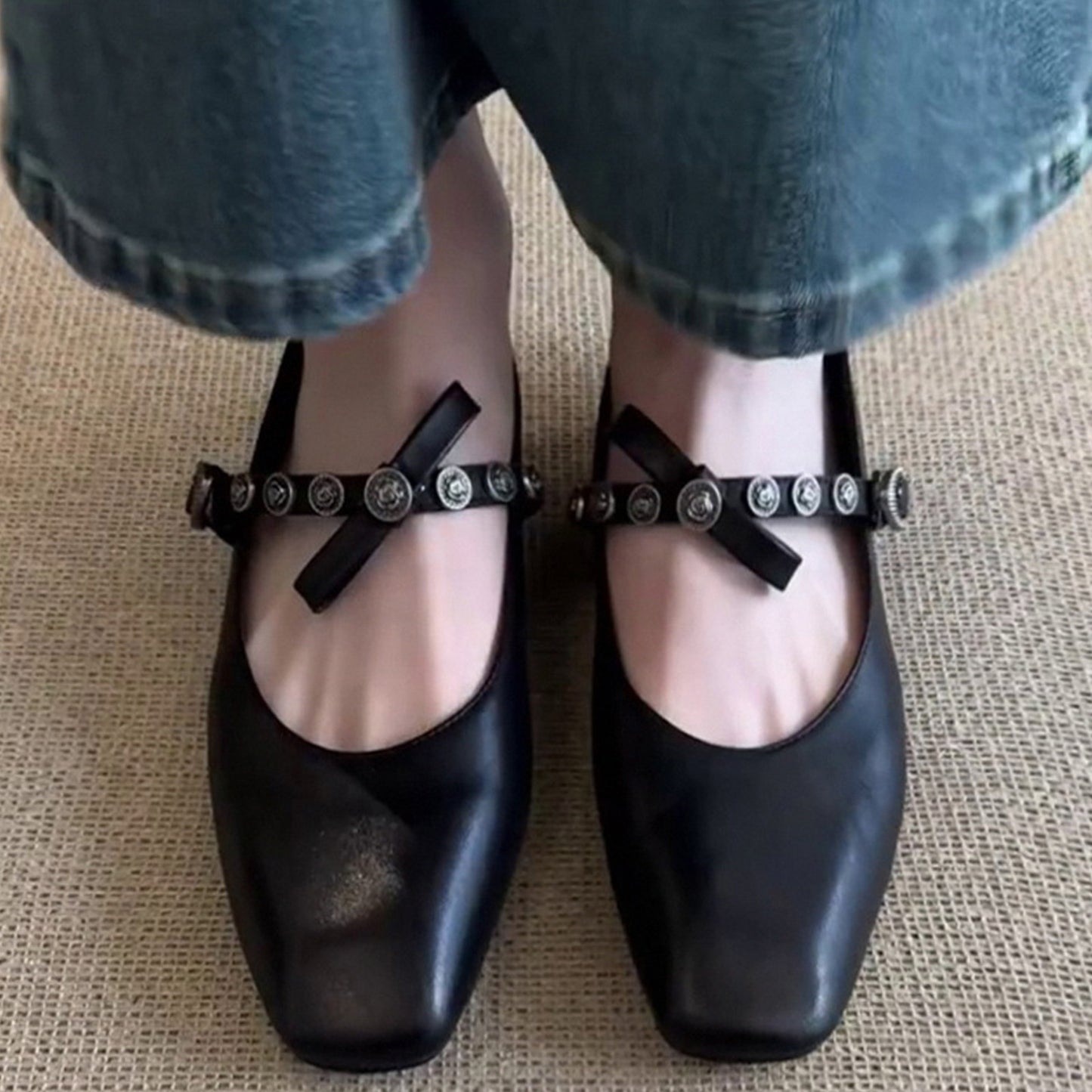 Classic Women's Mary Jane Flats with Metal-Studded Strap & Bow Detail