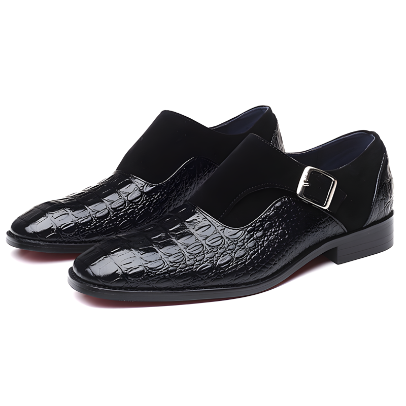 Men’s Crocodile-Embossed Leather & Suede Monk Strap Loafers with Metallic Buckle