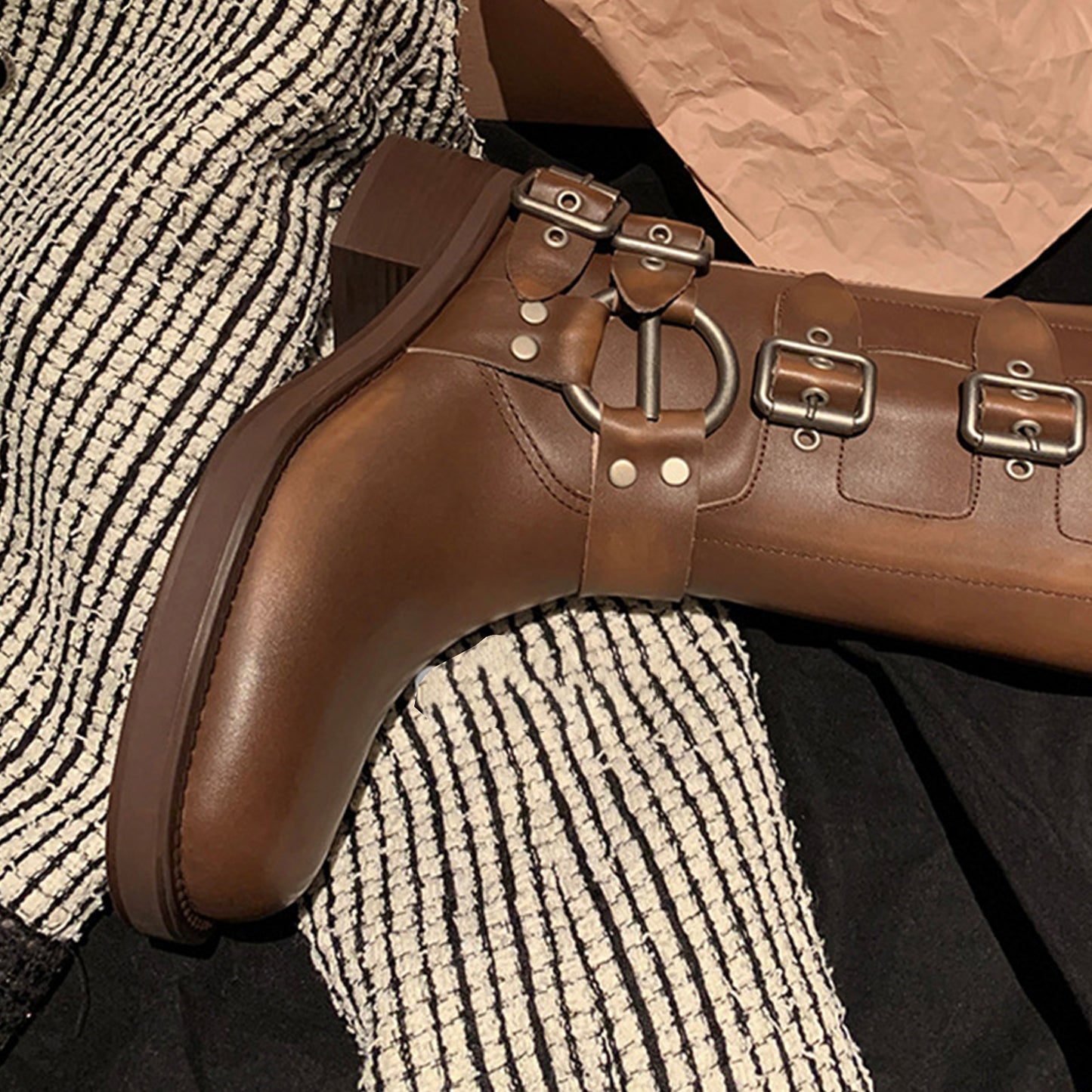 Women's Knee-High Boots with Edgy Metal Buckle Detail & Chunky Heel